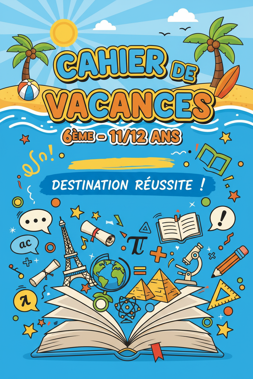 Cahier de vacances pour 6e Tout en un clic, cahier numérique avec couverture colorée pour élèves de collège.