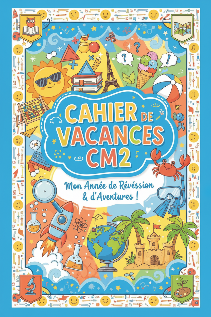 Cahier de vacances CM2 Tout en un clic, couverture numérique avec titre coloré et illustrations éducatives pour enfants.