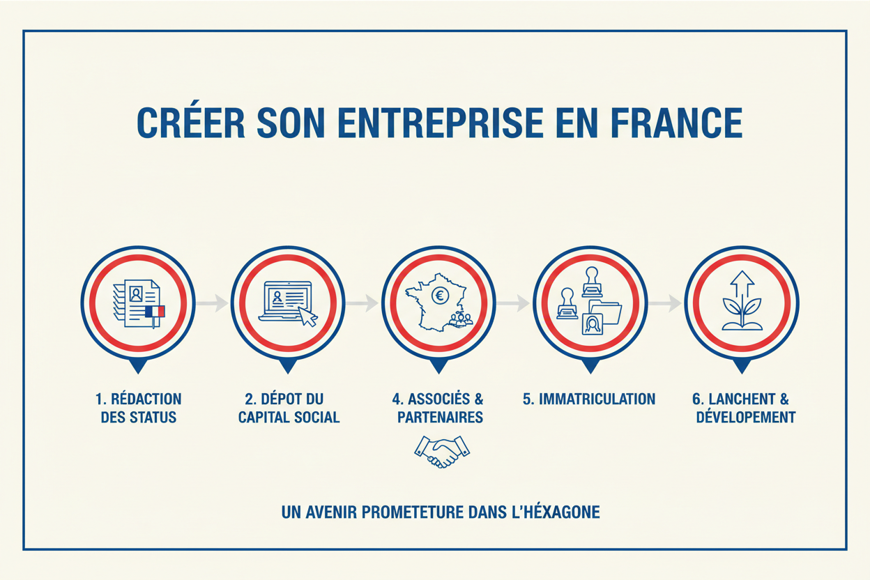 Ebook "Créer son entreprise en France" de Tout en un clic, couverture avec titre et illustration d'une personne stylisée.