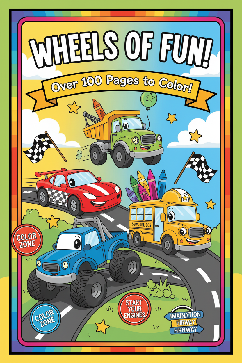 Couverture d'ebook de coloriage pour enfants avec des voitures colorées, illustrée de dessins de véhicules pour les jeunes artistes.