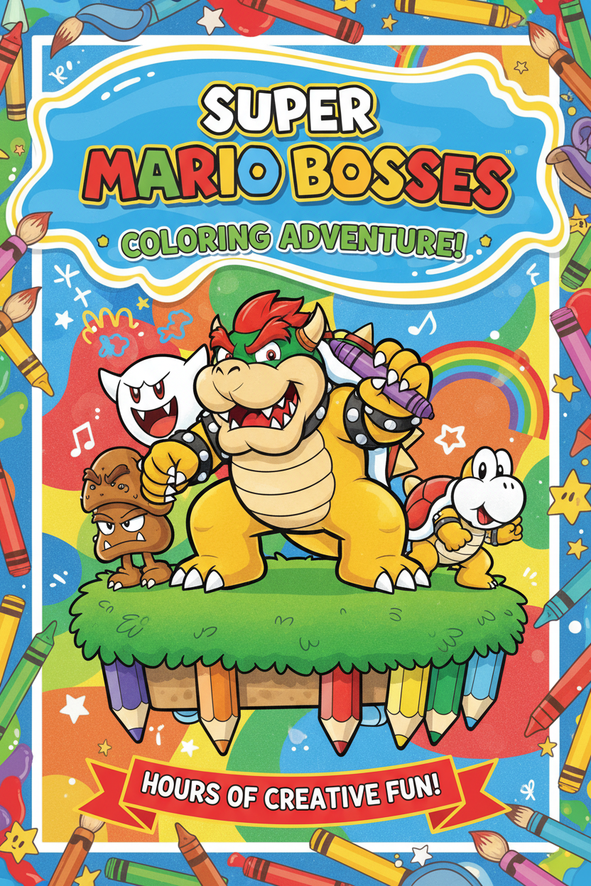 Couverture d'ebook de coloriage pour enfants Mario Boss, 20 pages, illustration colorée de personnage de jeu vidéo.