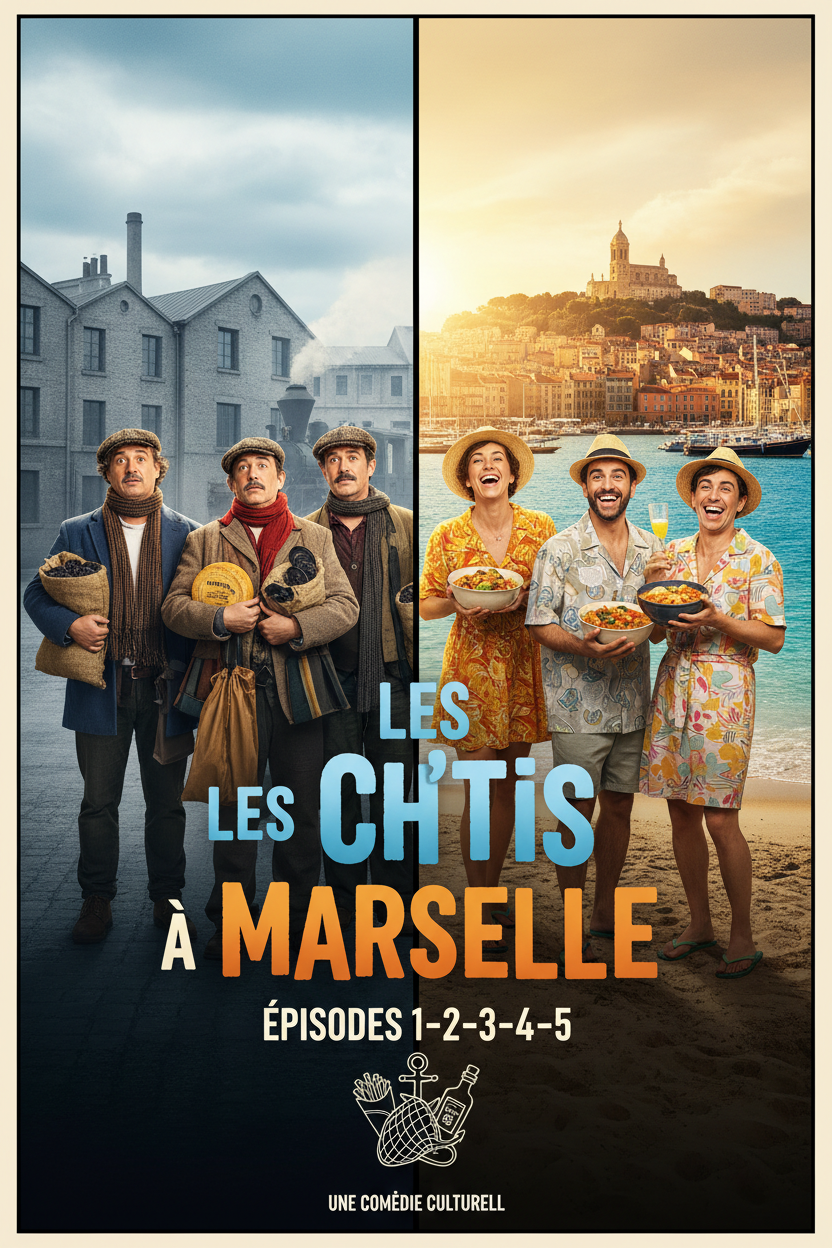 Affiche de la vidéo numérique Les Ch'tis à Marseille – Épisode 1, avec des images colorées et le titre visible.