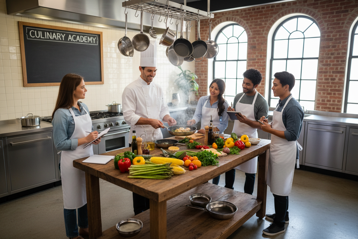 Formation digitale Tout en un clic en cuisine, affichant des recettes d'entrées, plats et desserts pour apprendre la cuisine.